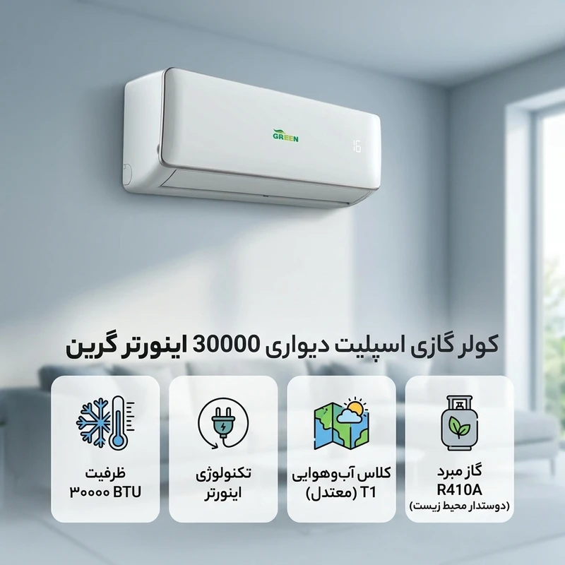 کولر گازی اسپلیت دیواری گرین مدل SDK-CH30F1C1A2P ظرفیت 30000 بی‌تی‌یو 